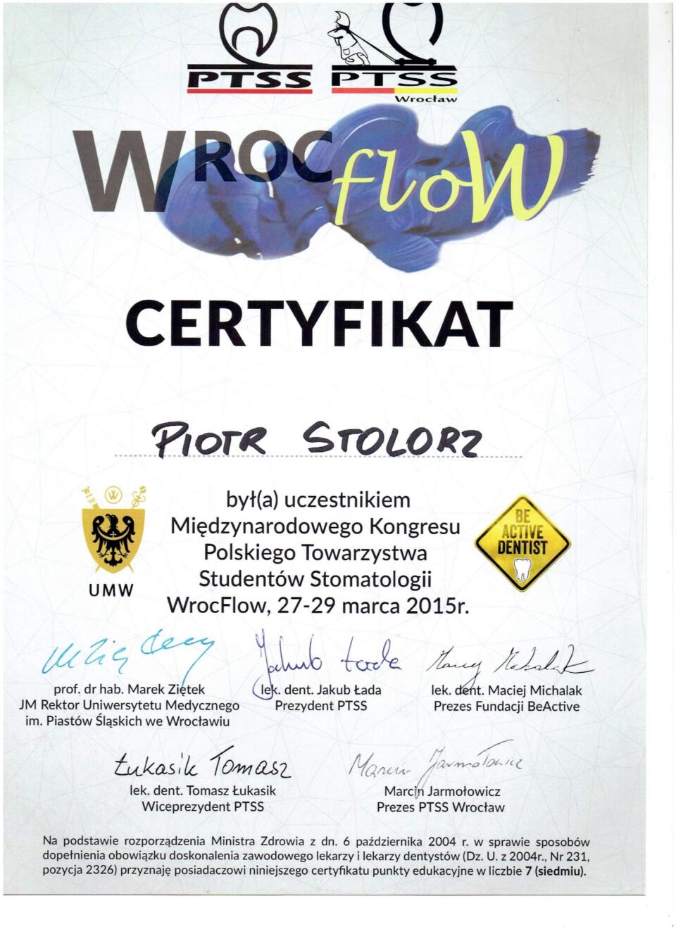 Certyfikat, Piotr Stolorz