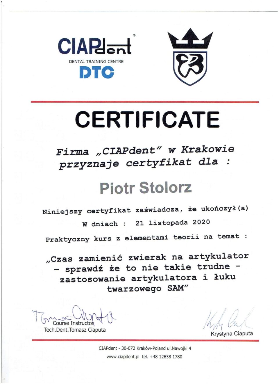Certyfikat, Piotr Stolorz