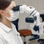 kobieta z mikroskopem przeprowadzająca badanie