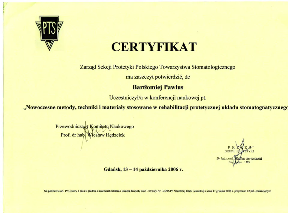 Certyfikat, Bartłomiej Pawlus