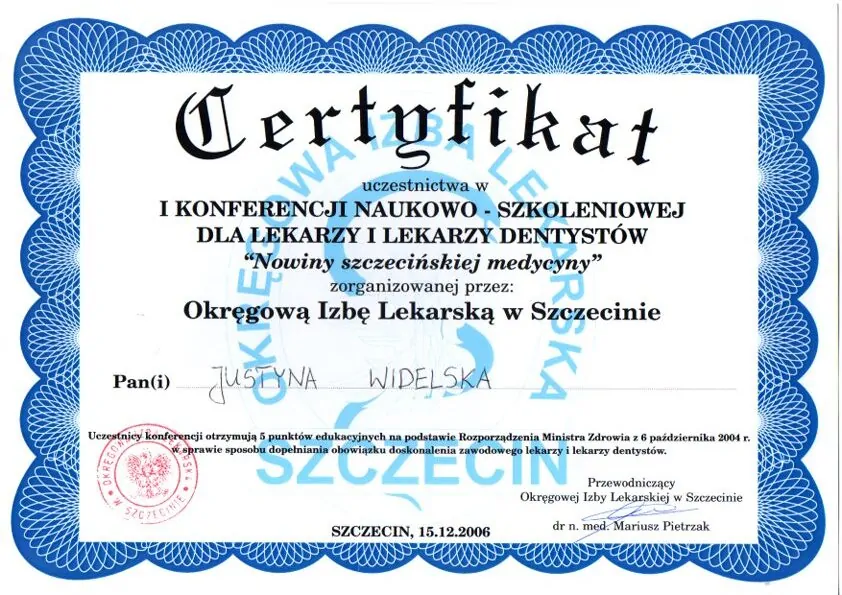 Certyfikat, Justyna Widelska