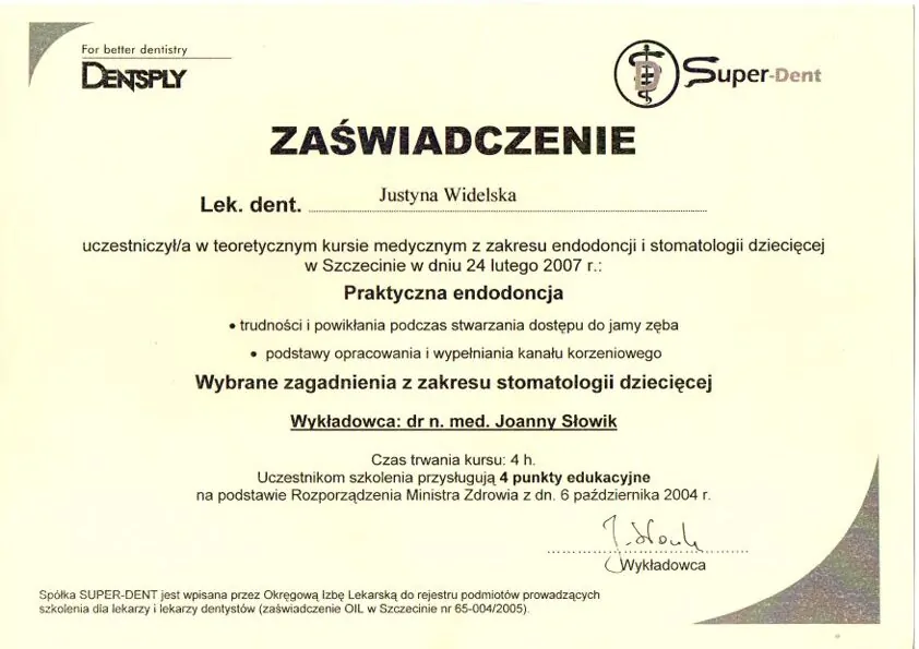 Certyfikat, Justyna Widelska
