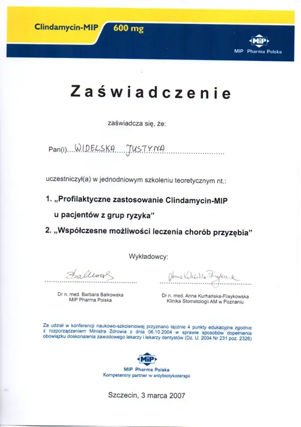 Certyfikat, Justyna Widelska