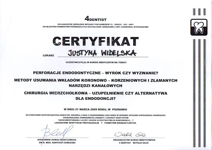 Certyfikat, Justyna Widelska