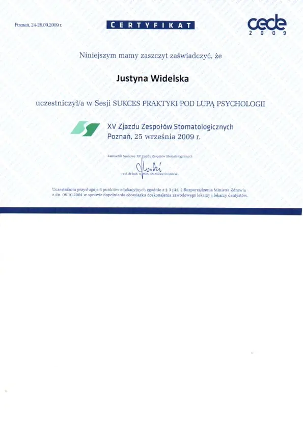 Certyfikat, Justyna Widelska
