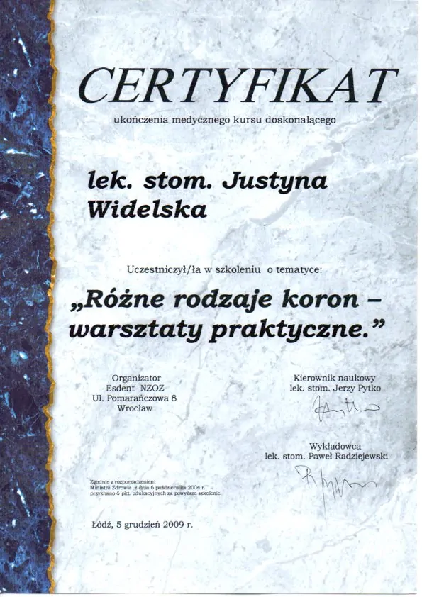 Certyfikat, Justyna Widelska