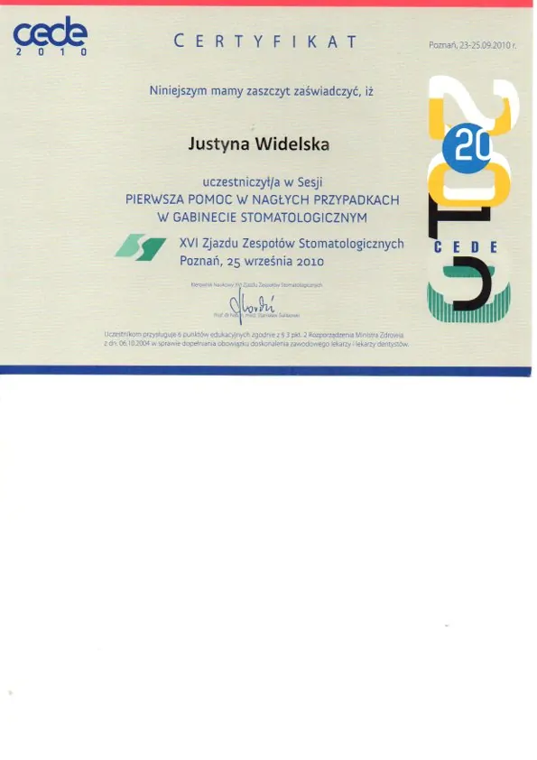 Certyfikat, Justyna Widelska