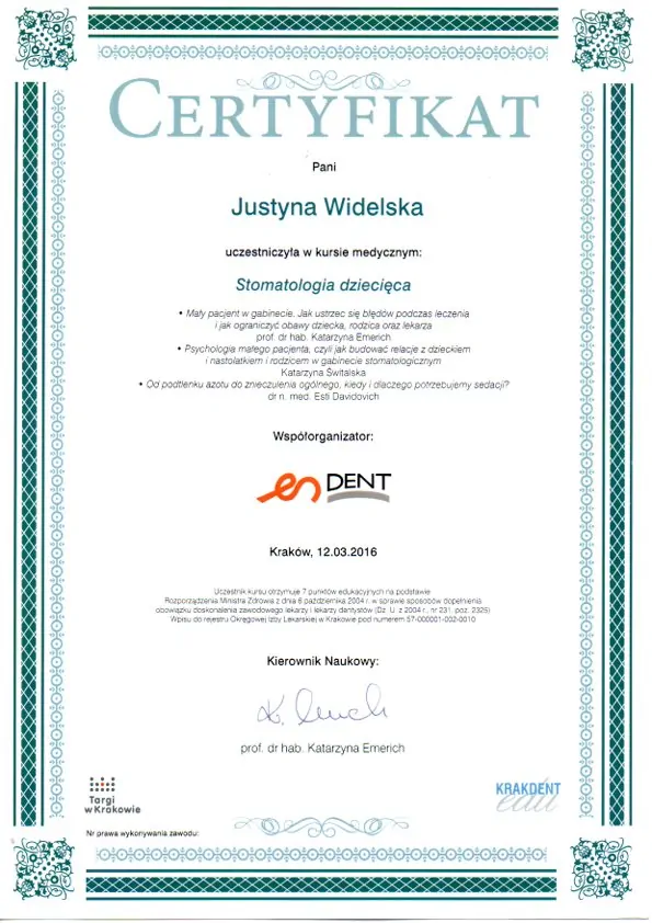 Certyfikat, Justyna Widelska