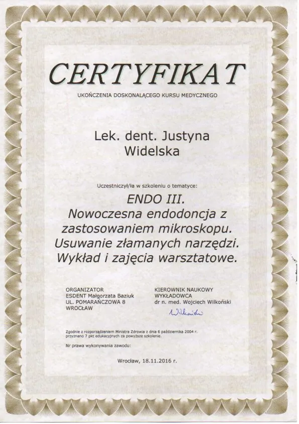 Certyfikat, Justyna Widelska