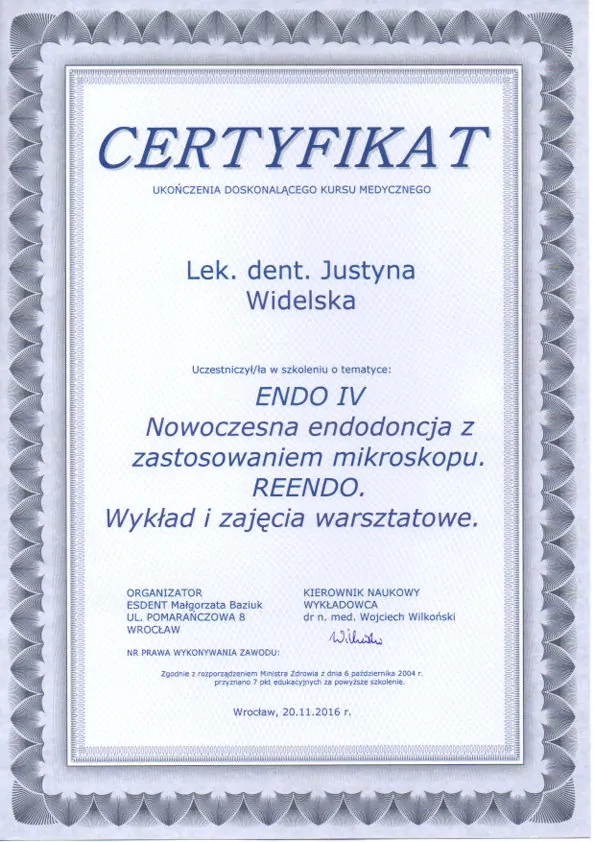 Certyfikat, Justyna Widelska