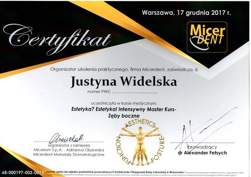 Certyfikat, Justyna Widelska