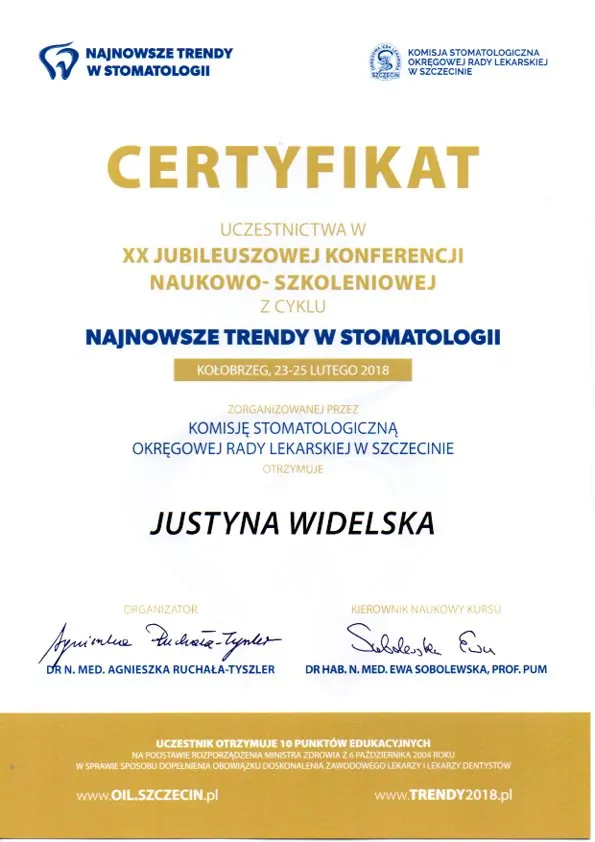 Certyfikat, Justyna Widelska