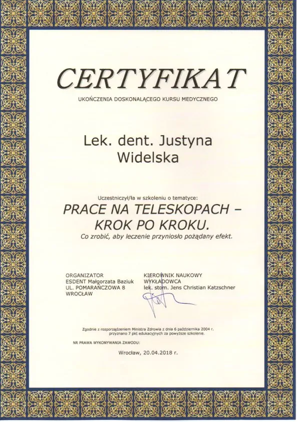 Certyfikat, Justyna Widelska