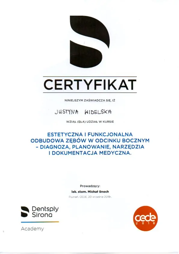 Certyfikat, Justyna Widelska