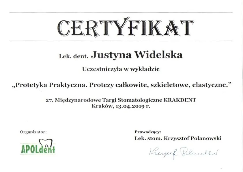 Certyfikat, Justyna Widelska