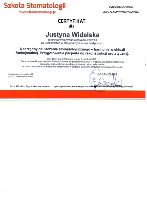 Certyfikat, Justyna Widelska